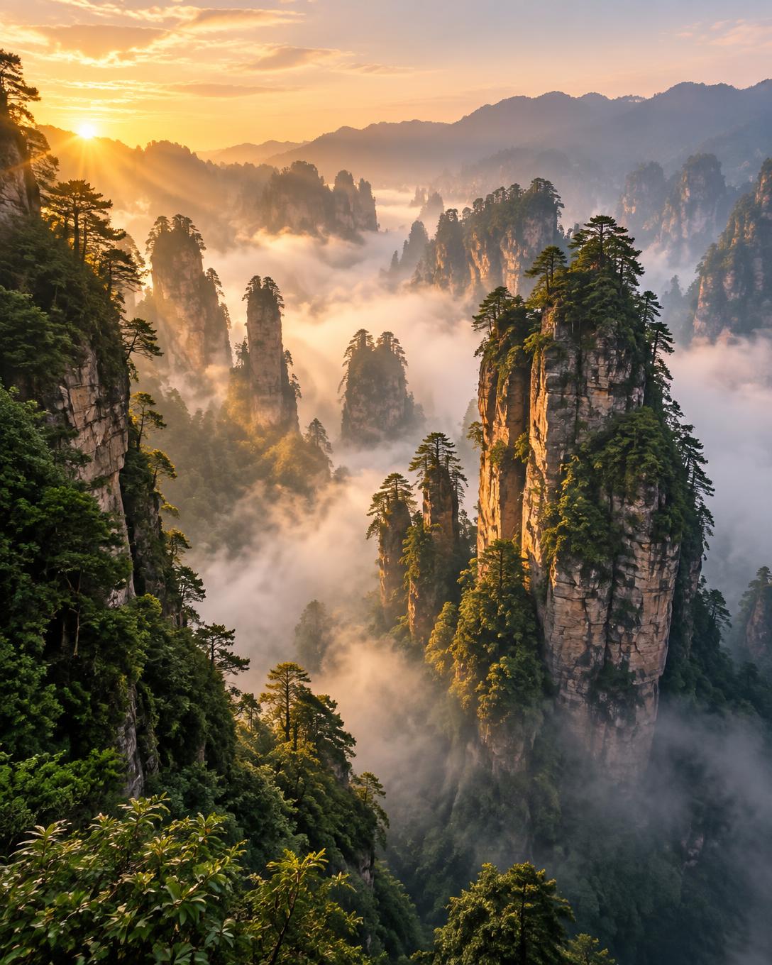 Sandstone pillars of Zhangjiajie rising through morning mist at sunrise