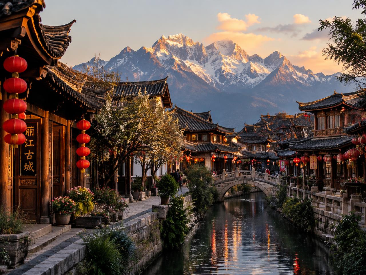 Lijiang Ancient Town canal with lanterns beneath snow-capped Jade Dragon Snow Mountain